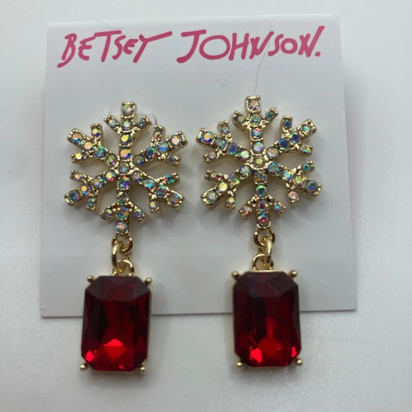 BETSEY JOHNSON Christmas Holiday Snowflake Red Crystal Dangle Earrings NEW NWT - Picture 3 of 3